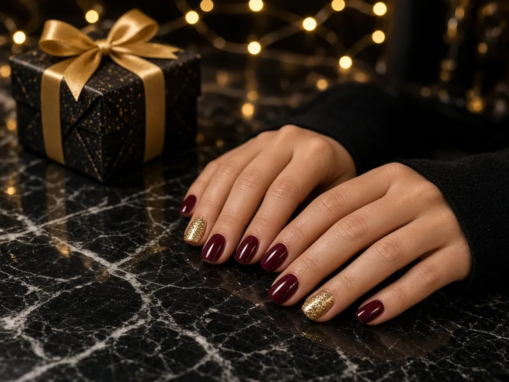 Burgundy holiday manicure with gold glitter accent nails